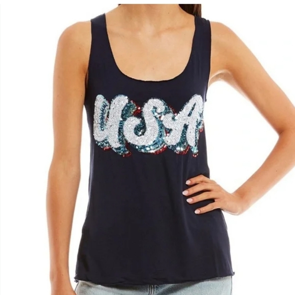 Miss Chievous Blue Tank Top with USA Sequin Design XL NWT (7780)